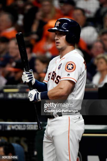 Alex Bregman of the Houston Astros looks on from the on-deck circle during Game 3 of the 2017 World Series against the Los Angeles Dodgers at Minute...