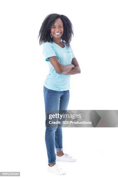 woman enjoys volunteer work - woman full body isolated stock pictures, royalty-free photos & images