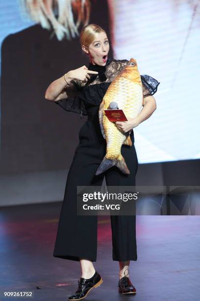 Actress Beth Behrs attends 'Boonie Bears: The Big Shrink' press conference on January 23, 2018 in Beijing, China.