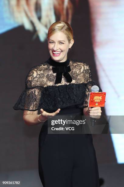 Actress Beth Behrs attends 'Boonie Bears: The Big Shrink' press conference on January 23, 2018 in Beijing, China.