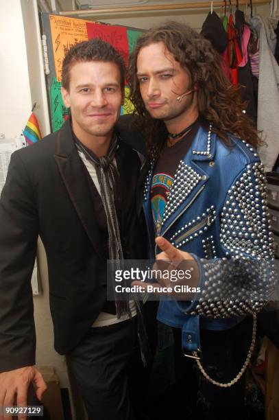 David Boreanaz and Constantine Maroulis pose backstage at the hit rock musical "Rock of Ages" on Broadway at The Brooks Atkinson Theater on September...