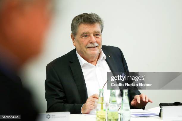 Fritz Schramma during the presentation of the new memorial sculpture titled HOPE commissioned by artist HA Schult and the BFS on January 23, 2018 in...