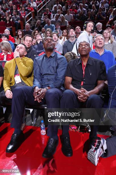 Former NBA players, Hakeem Olajuwon and Elvin Hayes attend the Golden State Warriors game against the Houston Rockets on January 20, 2018 at the...