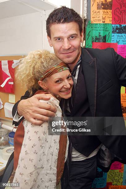Lauren Molina and David Boreanaz pose backstage at the hit rock musical "Rock of Ages" on Broadway at The Brooks Atkinson Theater on September 17,...