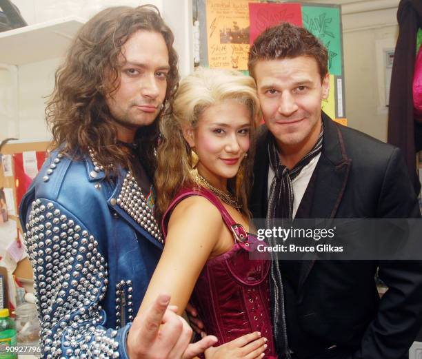 Constantine Maroulis, Ericka Hunter and David Boreanaz pose backstage at the hit rock musical "Rock of Ages" on Broadway at The Brooks Atkinson...