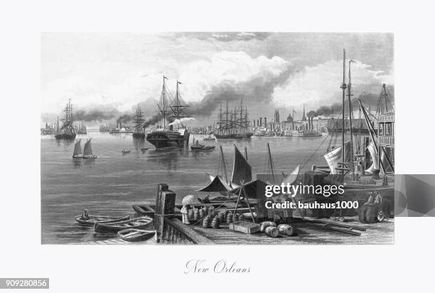 new orleans am mississippi river, louisiana, usa, amerikanische viktorianischen gravur, 1872 - steamboat stock-grafiken, -clipart, -cartoons und -symbole