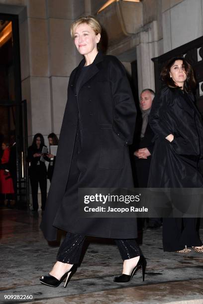 Valeria Bruni Tedeschi is seen arriving at Armani Prive Fashion show during Paris Fashion Week : Haute Couture Spring/Summer 2018 on January 23, 2018...