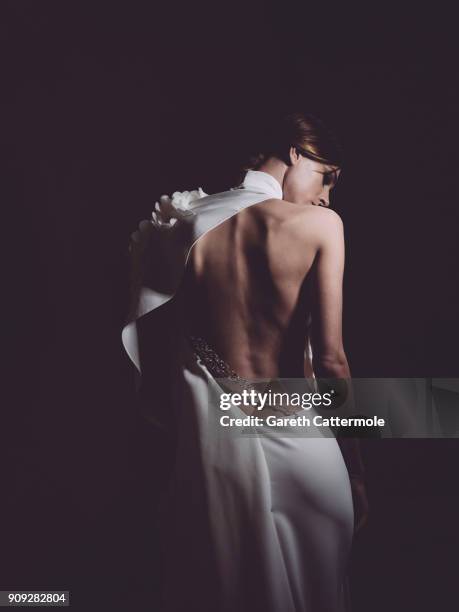 Model poses backstage ahead of the Stephane Rolland show Spring Summer 2018 as part of Paris Fashion Week at Opera Comique on January 23, 2018 in...