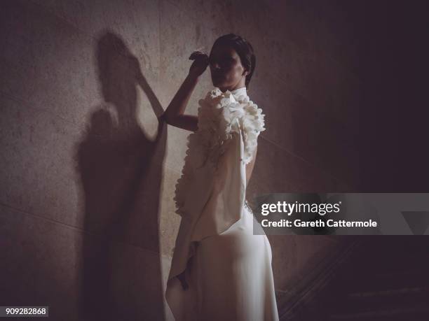 Model poses backstage ahead of the Stephane Rolland show Spring Summer 2018 as part of Paris Fashion Week at Opera Comique on January 23, 2018 in...