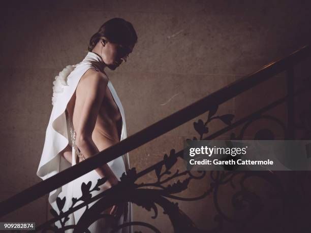 Model poses backstage ahead of the Stephane Rolland show Spring Summer 2018 as part of Paris Fashion Week at Opera Comique on January 23, 2018 in...