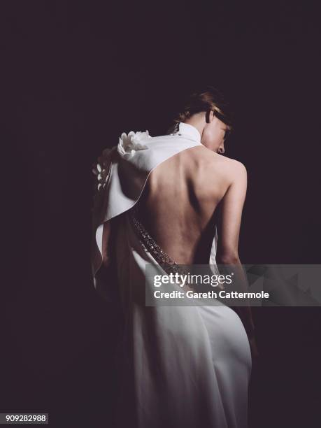 Model poses backstage ahead of the Stephane Rolland show Spring Summer 2018 as part of Paris Fashion Week at Opera Comique on January 23, 2018 in...