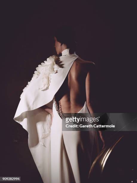 Model poses backstage ahead of the Stephane Rolland show Spring Summer 2018 as part of Paris Fashion Week at Opera Comique on January 23, 2018 in...