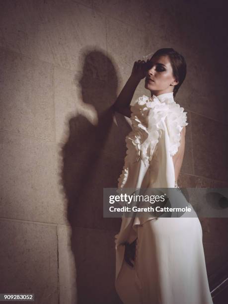 Model poses backstage ahead of the Stephane Rolland show Spring Summer 2018 as part of Paris Fashion Week at Opera Comique on January 23, 2018 in...