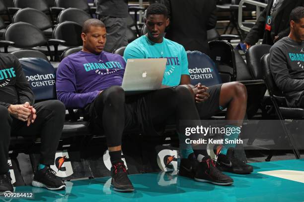 Johnny O'Bryant III of the Charlotte Hornets watches film before the game against the Miami Heat on January 20, 2018 at Spectrum Center in Charlotte,...