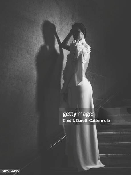 Model poses backstage ahead of the Stephane Rolland show Spring Summer 2018 as part of Paris Fashion Week at Opera Comique on January 23, 2018 in...