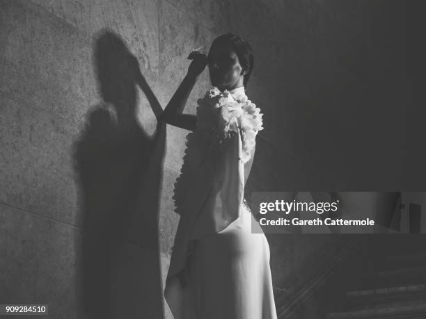 Model poses backstage ahead of the Stephane Rolland show Spring Summer 2018 as part of Paris Fashion Week at Opera Comique on January 23, 2018 in...