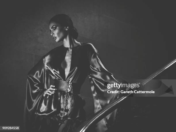 Model poses backstage ahead of the Stephane Rolland show Spring Summer 2018 as part of Paris Fashion Week at Opera Comique on January 23, 2018 in...