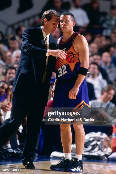 Danny Ainge and Jason Kidd of the Phoenix Suns talk during a game played on February 18, 1997 at Madison Square Garden in New York City . NOTE TO...