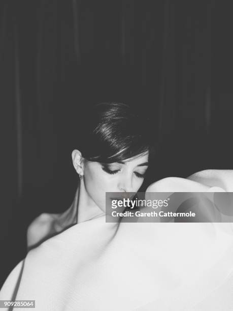 Model poses backstage ahead of the Stephane Rolland show Spring Summer 2018 as part of Paris Fashion Week at Opera Comique on January 23, 2018 in...