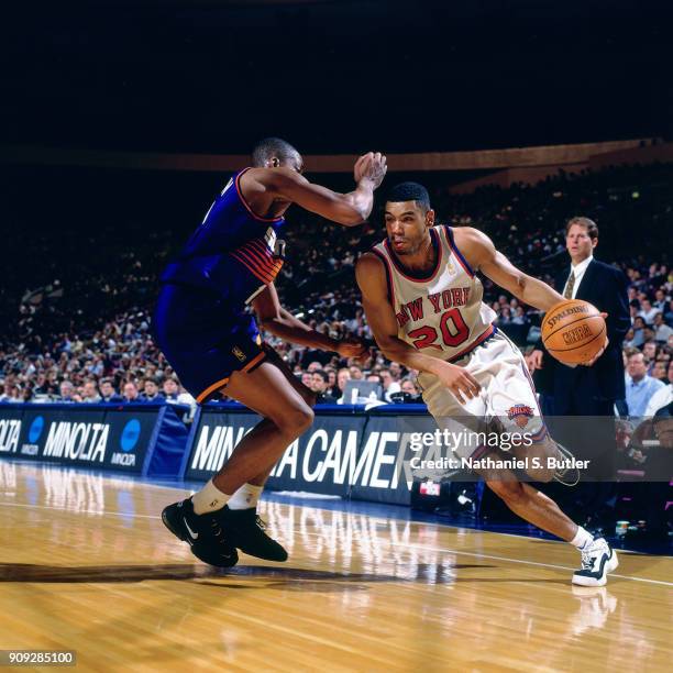 Allan Houston of the New York Knicks drives during a game played on February 18, 1997 at Madison Square Garden in New York City . NOTE TO USER: User...