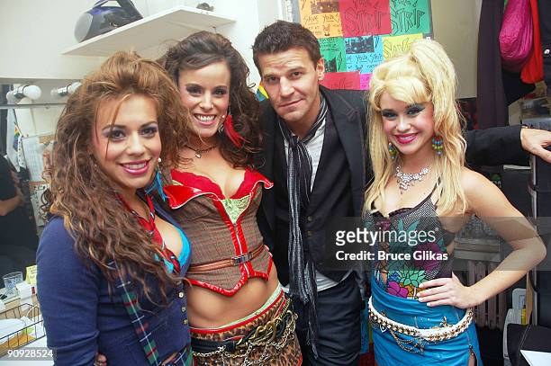Angel Reed, Katherine Tokarz, David Boreanaz and Savannah Wise pose backstage at the hit rock musical "Rock of Ages" on Broadway at The Brooks...