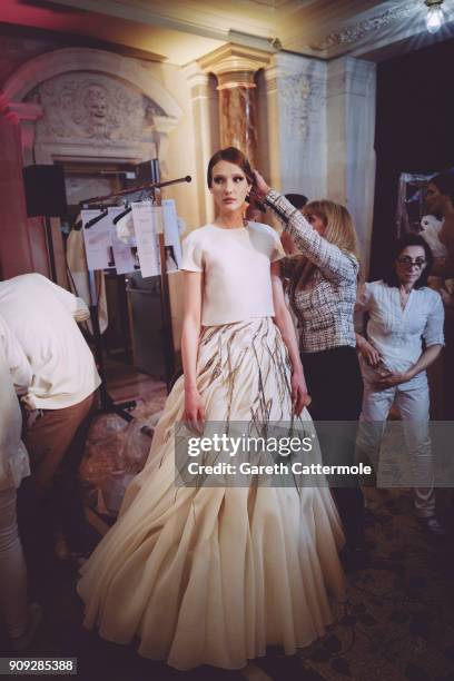 Model is seen being styled backstage ahead of the Stephane Rolland show Spring Summer 2018 as part of Paris Fashion Week at Opera Comique on January...