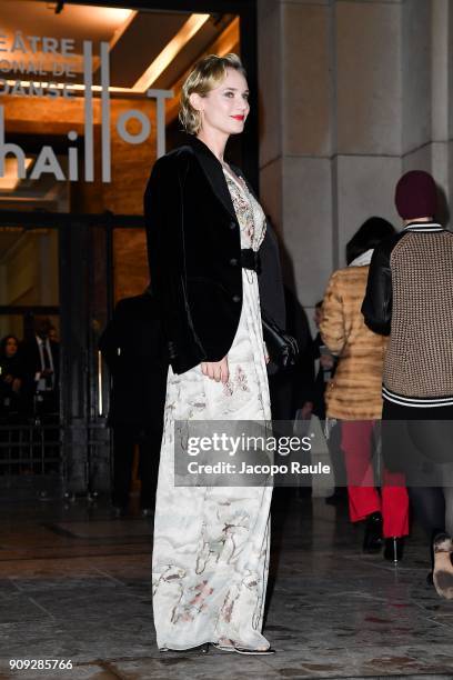 Diane Kruger is seen arriving at Armani Prive Fashion show during Paris Fashion Week : Haute Couture Spring/Summer 2018 on January 23, 2018 in Paris,...