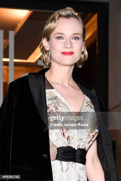 Diane Kruger is seen arriving at Armani Prive Fashion show during Paris Fashion Week : Haute Couture Spring/Summer 2018 on January 23, 2018 in Paris,...