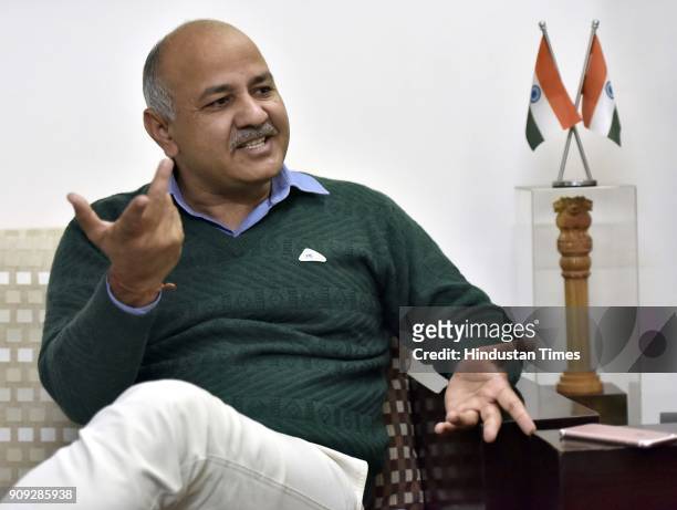 Delhi deputy chief minister Manish Sisodia interacts with reporters at his residence on January 23, 2018 in New Delhi, India.