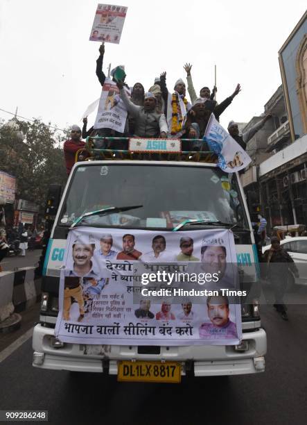 Activist participate in a protest march at Town Hall, Chandni Chowk, keeping with the call for a Delhi Bandh made by Confederation of All India...