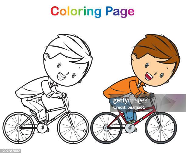 coloring book: boy bicycle - adult coloring stock illustrations