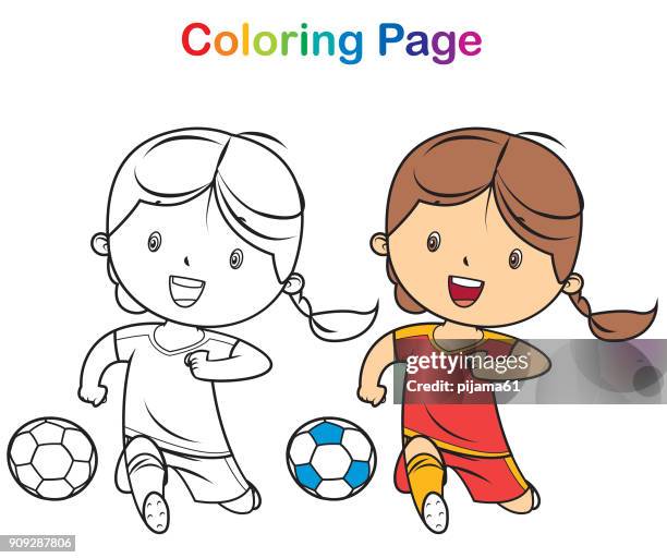 ilustrações de stock, clip art, desenhos animados e ícones de coloring book: girl playing soccer - brincalhão