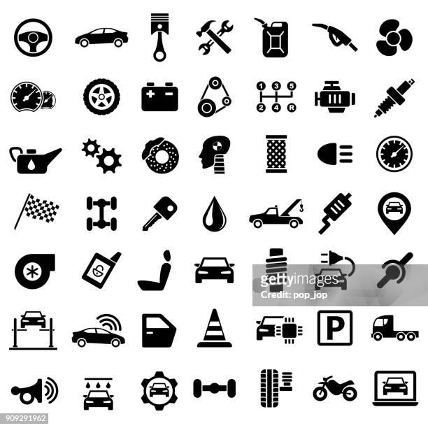 car service garage parts transport isolated icons on white background - machine part stock illustrations