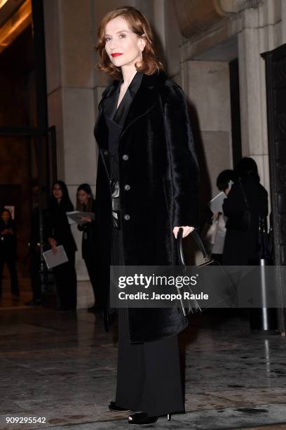 Isabelle Huppert is seen arriving at Armani Prive Fashion show during Paris Fashion Week : Haute Couture Spring/Summer 2018 on January 23, 2018 in...