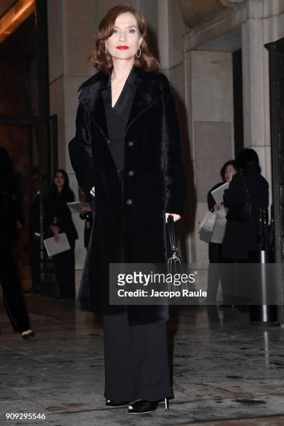 Isabelle Huppert is seen arriving at Armani Prive Fashion show during Paris Fashion Week : Haute Couture Spring/Summer 2018 on January 23, 2018 in...