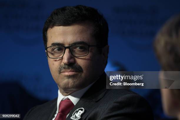 Mohammed Al Sada, Qatar's energy and industry minister, looks on during a panel session on the opening day of the World Economic Forum in Davos,...