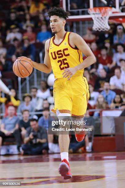 Bennie Boatwright of the USC Trojans handles the ball against the Utah Utes during a PAC12 college basketball game at Galen Center on January 14,...