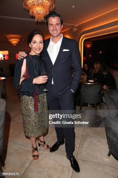 Petra Pfaller and Managing Director Jonas Grashey during the christmas party of magazine 'Bunte' at Tambosi on December 12, 2017 in Munich, Germany.