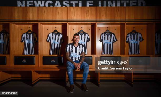 Kenedy poses for photographs in the home dressing room at St.James' Park on January 23 in Newcastle, England.