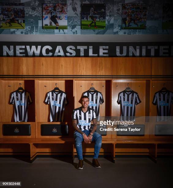 Kenedy poses for photographs in the home dressing room at St.James' Park on January 23 in Newcastle, England.