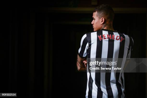 Kenedy poses for photographs in the home shirt at St.James' Park on January 23 in Newcastle, England.