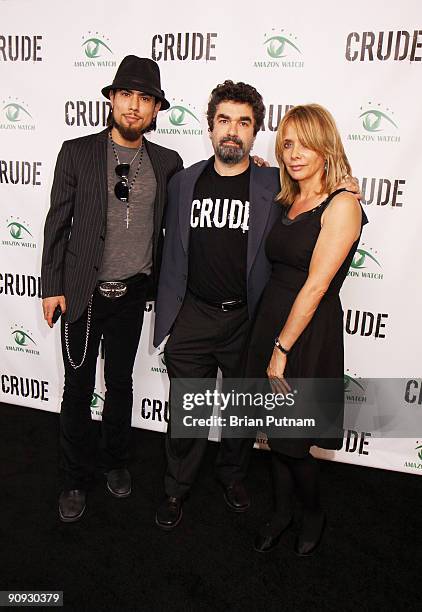 Musician Dave Navarro, director Joe Berlinger and actress Rosanna Arquette arrive for the screening of the film 'CRUDE' at Harmony Gold Theatre on...