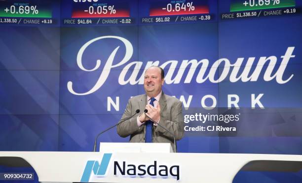 President and CEO of Viacom Inc. Robert M. Bakish attends the Paramount Network and the cast of 'Waco' ring the Nasdaq Opening Bell at NASDAQ...