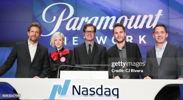 Paul Sparks, Andrea Riseborough, John Erick Dowdle, Taylor Kitsch, and Drew Dowdle attend the Paramount Network and the cast of 'Waco' ring the...