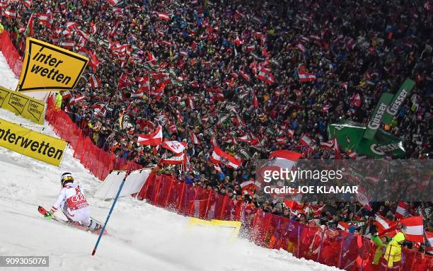 Marcel Hirscher of Austria competes during the first run of the men's slalom event at the FIS Alpine World Cup in Schladming, Austria on January 23,...