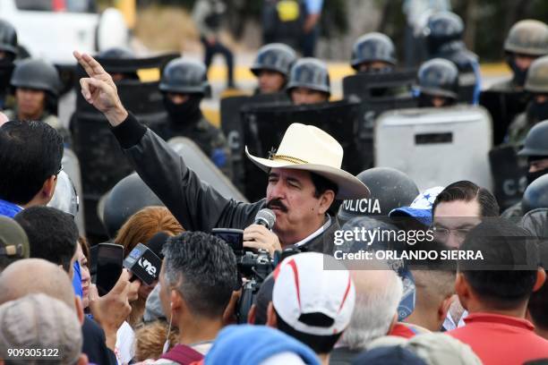 The leader of the Honduran Opposition Alliance Against the Dictatorship in the past election, Manuel Zelaya , leads a protest outside Congress as...