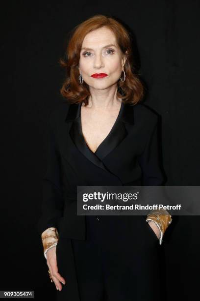 Actress Isabelle Huppert attends the Giorgio Armani Prive Haute Couture Spring Summer 2018 show as part of Paris Fashion Week on January 23, 2018 in...