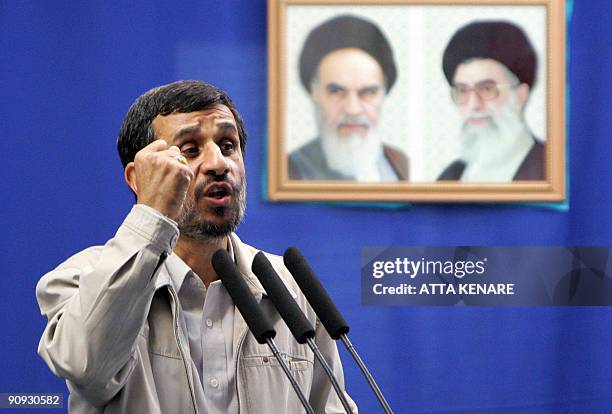 Iranian President Mahmoud Ahmadinejad delivers the weekly Friday prayer sermon at Tehran University during a parade marking Al-Quds Day in Tehran on...