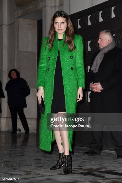 Lake Bell is seen arriving at Armani Prive Fashion show during Paris Fashion Week : Haute Couture Spring/Summer 2018 on January 23, 2018 in Paris,...