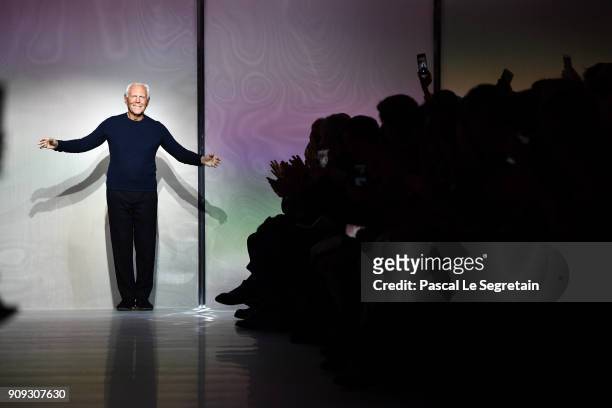 Designer Giorgio Armani acknowledges applause on the runway during the Giorgio Armani Prive Spring Summer 2018 show as part of Paris Fashion Week on...
